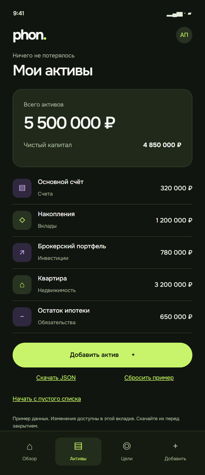 Список активов: 5 500 000 рублей, чистый капитал после обязательств — 4 850 000 рублей